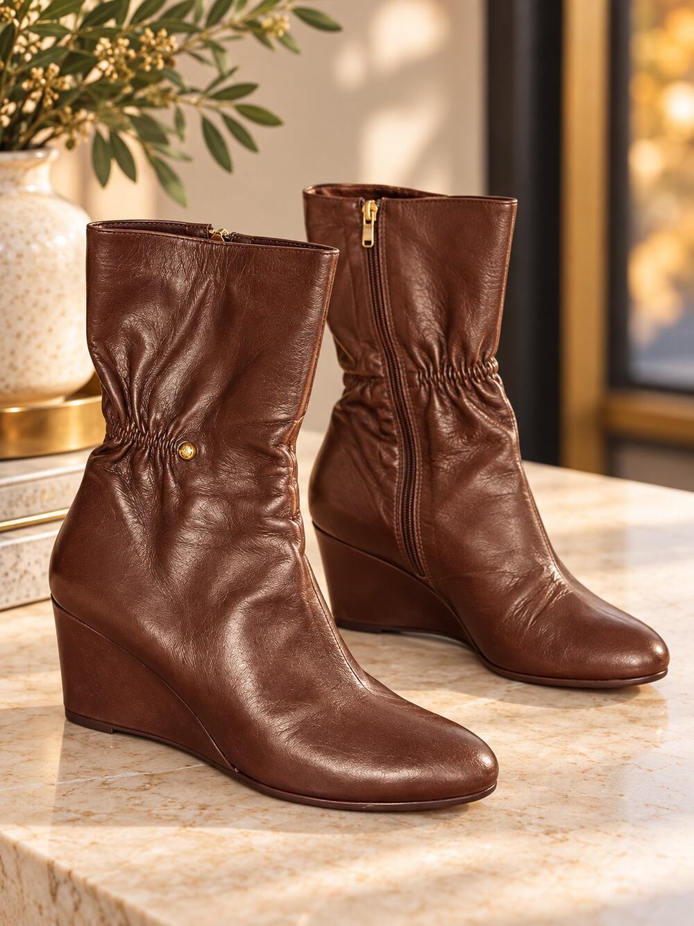 TARYN ROSE Brown Leather Wedge Boots Size 9.5 Ruched Ankle Calf Fall Italy